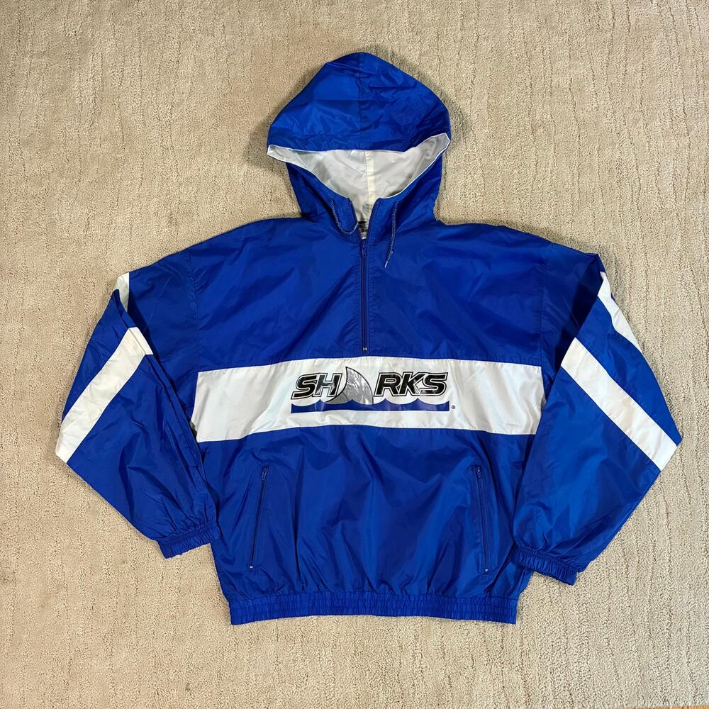 Vintage 90s Mens L East Bay San Jose Sharks Hockey Blue Windbreaker Sportswear